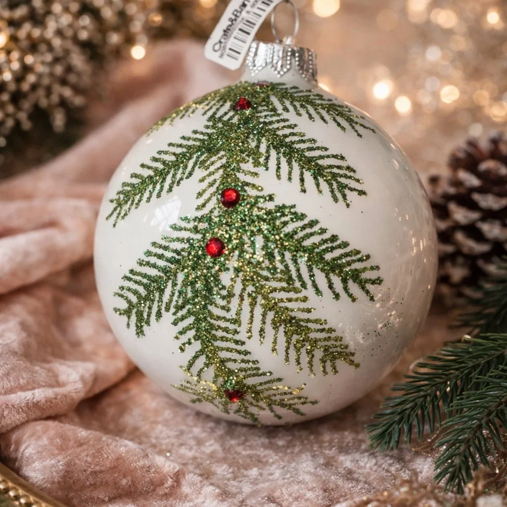 Crate & Barrel White Glass Christmas Ornament Glitter Pine Branch Red Jewel